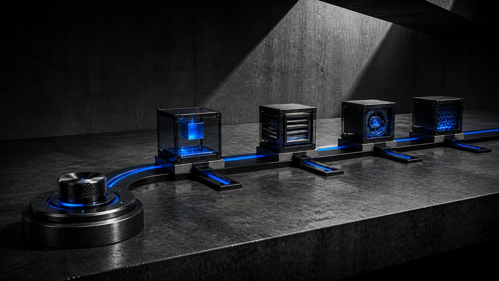 A precision control connected to four finished checkpoints, each with its own exit path