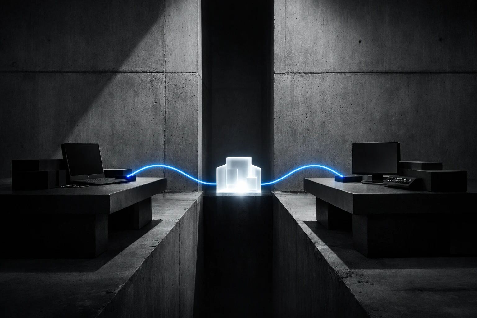 Two stations connected by a short electric blue feedback loop