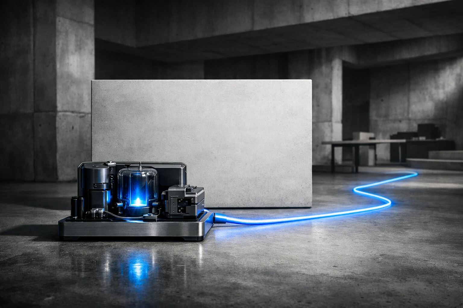 A working prototype placed in front of a blank contract slab