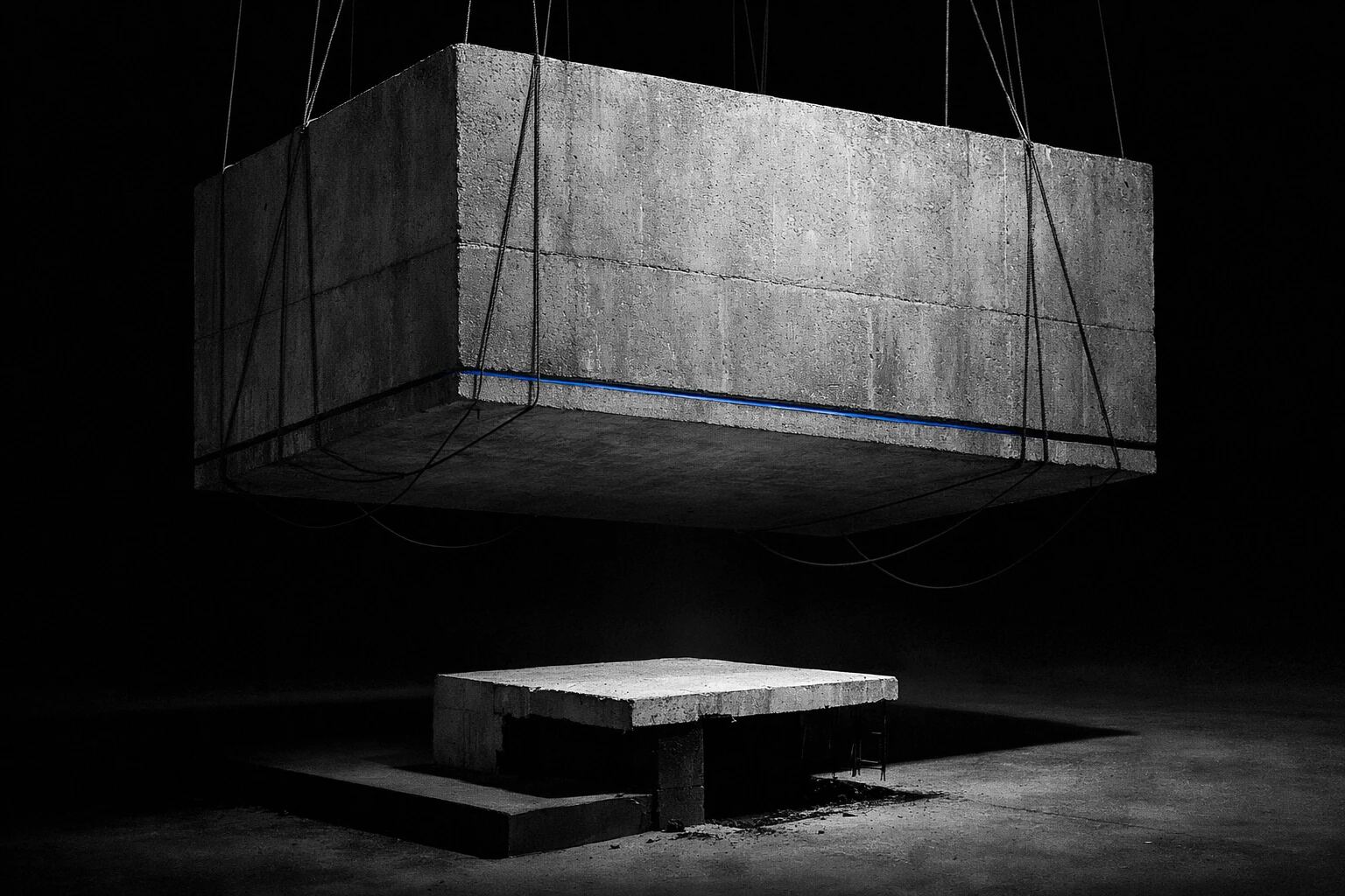 A concrete contract block suspended over a small platform