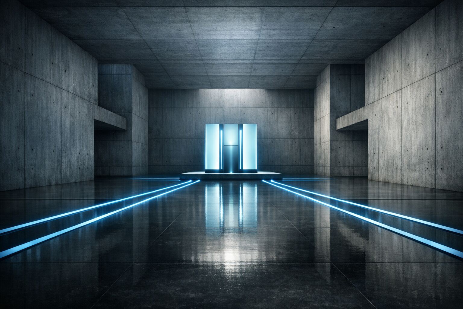 A luminous finished system resolved at the end of a concrete hall