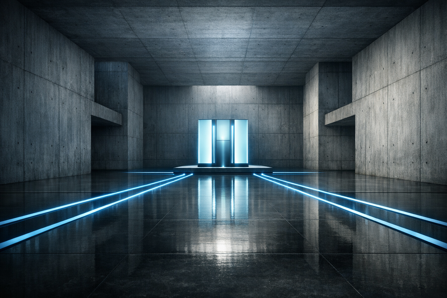 A luminous finished system resolved at the end of a concrete hall