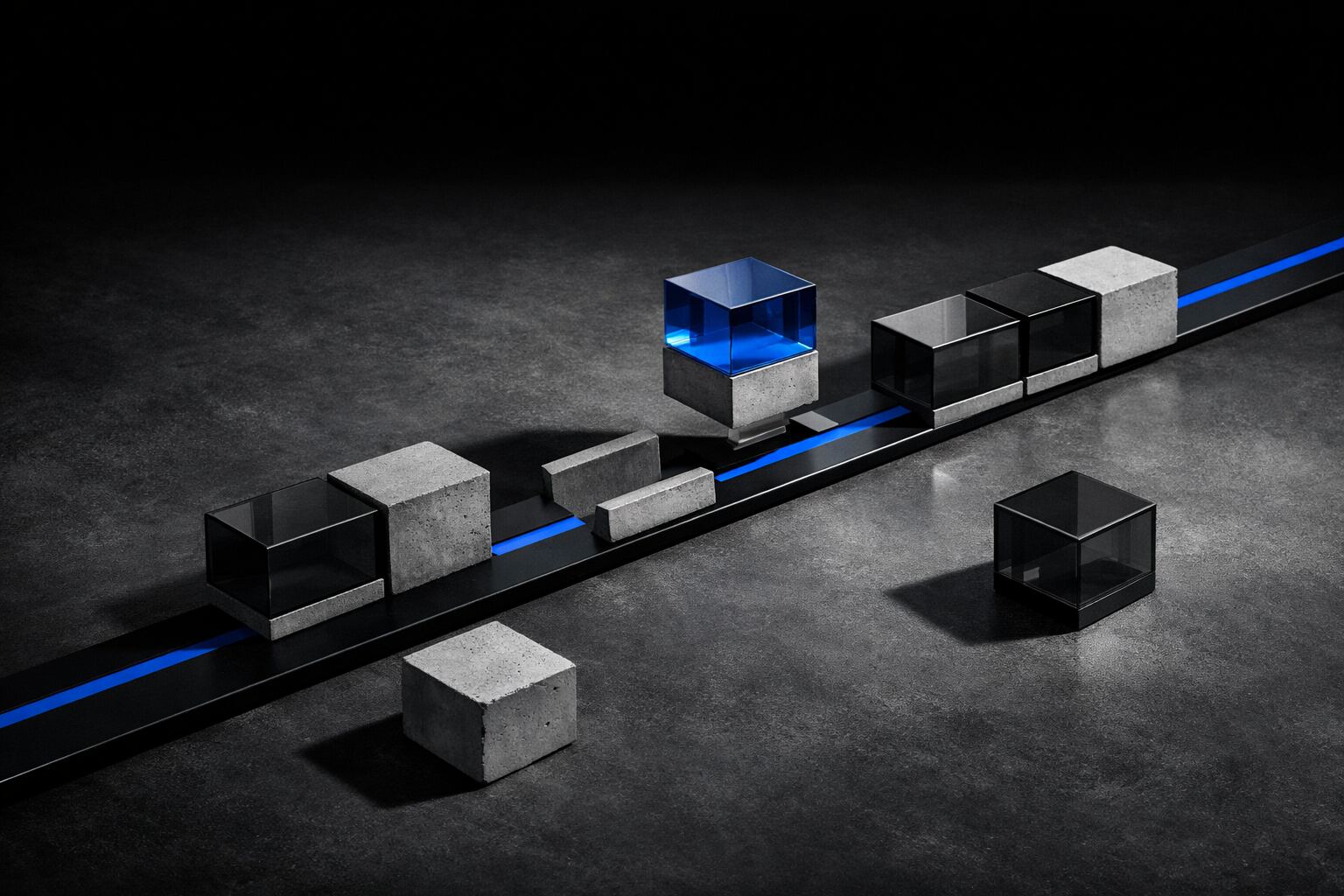 Modular blocks being rearranged along an electric blue rail