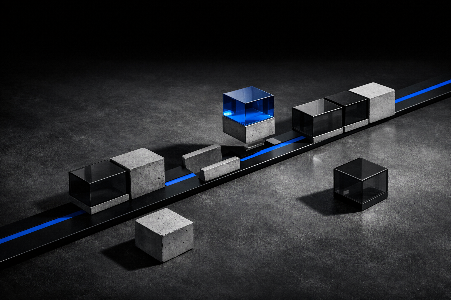 Modular blocks being rearranged along an electric blue rail