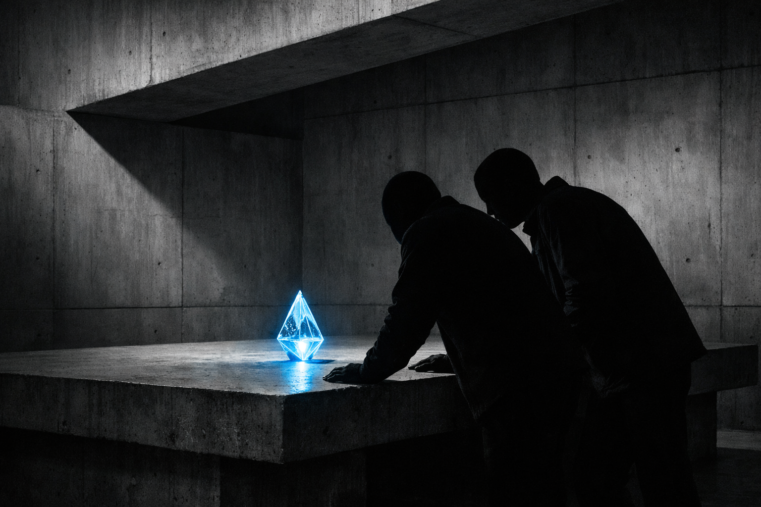 Two practitioners examining a luminous artifact together